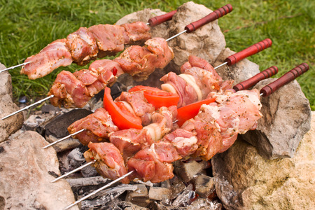 Shashlik of meat with spices on skewers over the coals laid on the makeshift barbecue made of stonesの写真素材