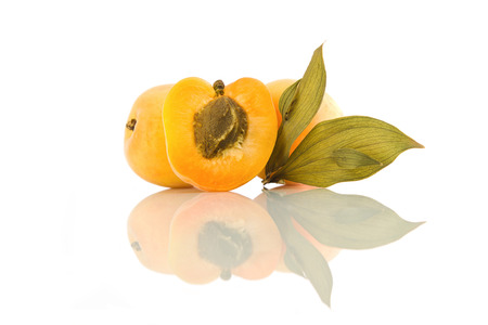 Apricots with leaf and their reflection on white  isolated backgroundの写真素材