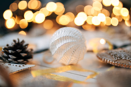 Christmas ball on blurred lights background, Christmas decoration, bokeh lightsの写真素材