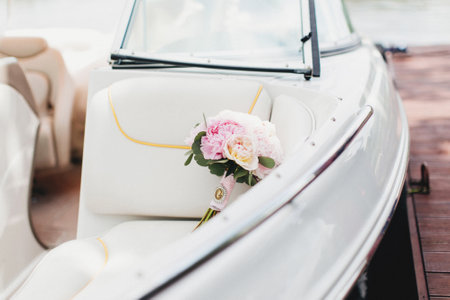 Luxury wedding bouquet in the white boatの写真素材