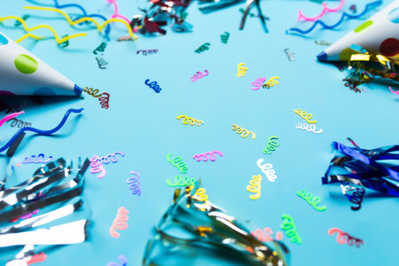 Different Christmas decorations on the blue backgroundの写真素材