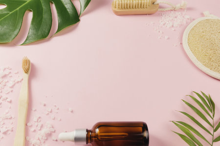 Natural bath accessories and products on pinkの写真素材