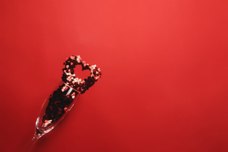 Valentine with wine glass, heart glitter on red background