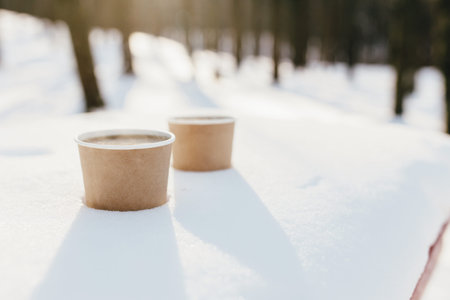 Two cups of coffee in the snow in the forest