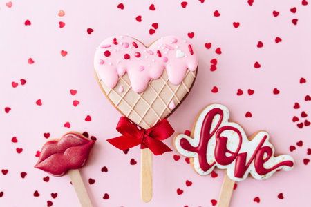 Gingerbread cookies love, lips, heart ice cream. Valentine card. Pink backgroundの写真素材