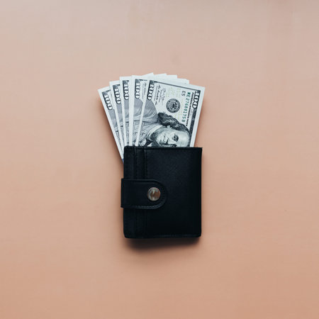 Bundle of dollars in purse on beige background. High quality photoの写真素材