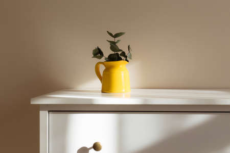 A yellow ceramic jug or vase with eucalyptus branches, empty white photo frames on the white table in the interior with beige walls near window.の写真素材