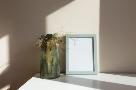 Glass vase with herbarium flowers, eucalyptus branches, empty white photo frames on the white table...