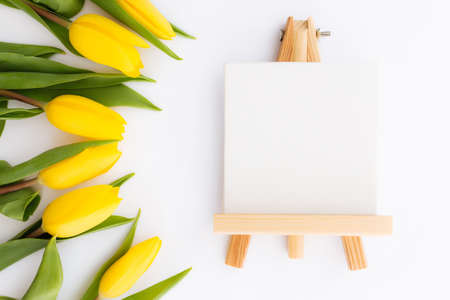 Flat lay with yellow tulip flowers, empty picture frame on white background. Concept for greeting card for Easter, Mother's day, International women's day, Saint Valentine's day. High quality photoの写真素材