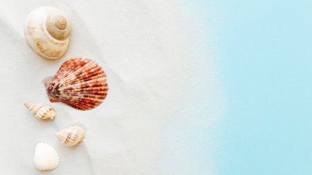 Travel, vacation concept. Sea shells on sand and blue background. Traveling, trip. High quality photoの写真素材