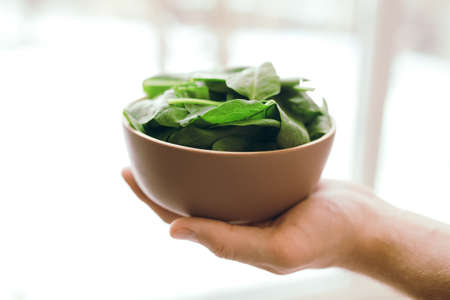 Hand holding bowl with fresh green salad leaves of spinach on blurred background. Healthy vegetarian eating concept. Green leaves of spinach. Gifts of nature. Blessed harvest. High quality photoの写真素材