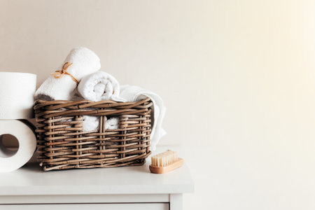 Basket with bathroom accessories. A set of rolled and folded towels, foot brush and toilet paper....