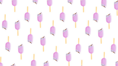 Isolated bitten pink cookie ice creams on a stick on white background. Flat lay with ice cream....