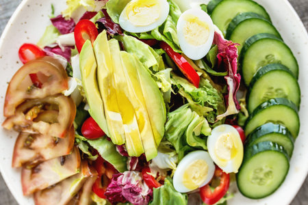 Healthy food plate with salad. Mediterranean diet, flat lay with food on plate