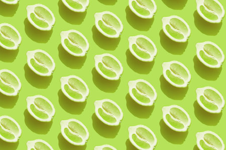 Conceptual pattern with halves of lemon with shadow on green background. Healthy eating, travel or...