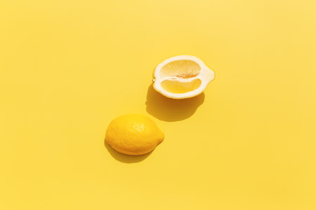 Two halved cuts of lemon with shadow on yellow background. Healthy eating, travel or vacation conceptの写真素材