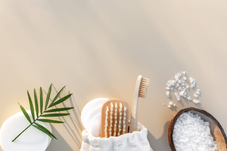 Bath accessories flat lay on beige background. Natural body care components. Healthcare concept,...