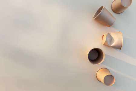 Zero waste and recycling concept with eco-friendly kraft paper packaging cups and squeezed mugs for takeaway food with sun shadow effectの写真素材