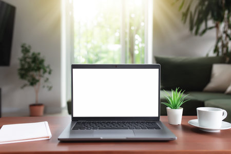 Work from home, workspace, desktop, remote work concept, gray laptop computer with empty white...