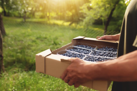Senior man hands holding box with fresh cultivated blueberry