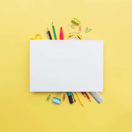 Back to school conceptual flat lay with different office supply objectsの写真素材