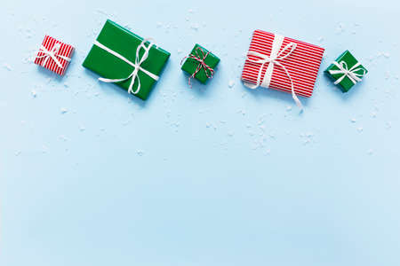 Christmas and New Year flat lay with various present gift boxes top viewの写真素材