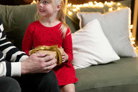 Merry Christmas and Happy New Year. Christmas gift surprise. Father and daughterの写真素材