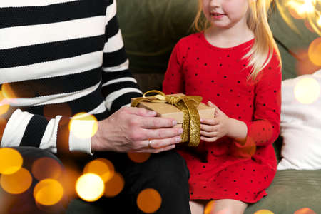 Merry Christmas and Happy New Year. Christmas gift surprise. Father and daughterの写真素材