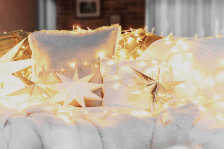 Christmas mood or New Year happy time decorations, silver paper star shape, Christmas electric light...