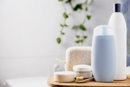 Preparation for hotel spa treatment or home bath procedure. Bathroom with accessories and cosmetics....