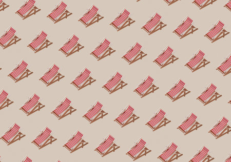 Vacation, beach, travel or relaxation concept. Beige background flat lay as symbol of sand with mini sun lounger for beach chair. Minimalism with copy space area for text, wooden red-white loungeの写真素材