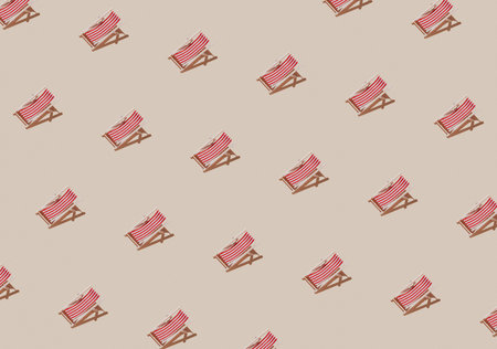 Vacation, beach, travel or relaxation concept. Beige background flat lay as symbol of sand with mini sun lounger for beach chair. Minimalism with copy space area for text, wooden red-white loungeの写真素材