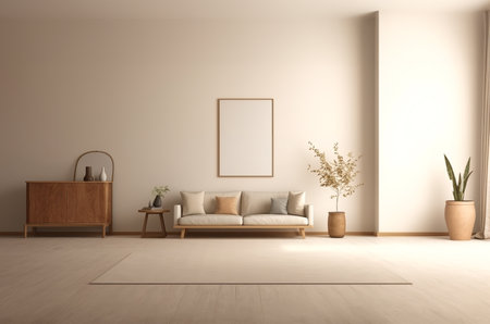 Warm, cozy living room beige interior with mock up poster frame, painting on wall, comfortable sofa, fabric couch, vase. Window light. Clean clear minimal concept of home stylish design backgroundの素材