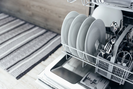 Closeup of opened automatic stainless built-in dishwasher machine inside modern home kitchen with clean utensil. White plates, dishes, cups, metal forks and knifes. Household, housekeeping, houseworkの写真素材