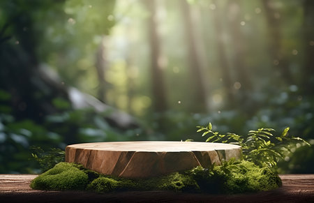 Cross section of the tree in frond of blurred natural green forest. Empty wooden board on the table with copy space. Mock up background template for display or montage your product on table topの素材