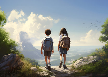 Two little children scouts with backpacks having fun in mountains. Friendly schoolchildren. Male, female school pupil excited during camping activity in nature. Back view, backside shot from behindの素材