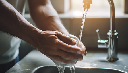 Detail closeup of young woman washing, cleaning hands, rubbing fingers using soap under warm flowing water over sink faucet in bathroom. Hygiene concept, virus prevention, stop spreading bacteriaの素材