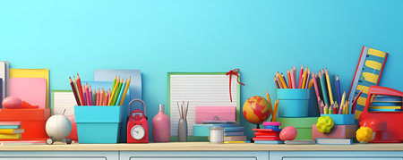 Back to school concept. Various various colorful office supplies, stationery, pupil or student equipment at home desk. Empty blank copy space for text. Blue wall background. high quality photoの素材
