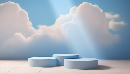 Cloudy abstract background with blue empty tabletop, podium, stand, pedestal mockup for product placement, presentation in front of blue pastel sky with white fluffy soft clouds. Copy spaceの素材