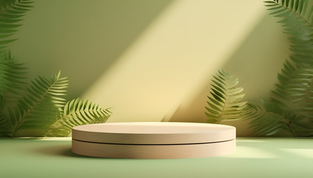 Abstract background with beige empty, blank marble table top, stand, pedestal for product, content placement, display in front of green wall with fern leaves. Copy space. Minimal scene circleの素材