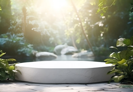 White round circle from stone in front of blurred natural green forest. Empty concrete board on the table with copy space. Mock up background template for display or montage your product on table topの素材