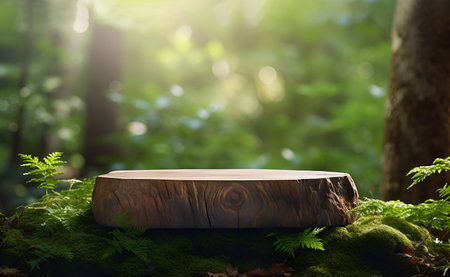 Abstract background with brown empty wooden tabletop, podium, stand mockup for product placement, display in front of green wild forest outdoor with moss, fern. Copy space. Minimal scene circleの素材