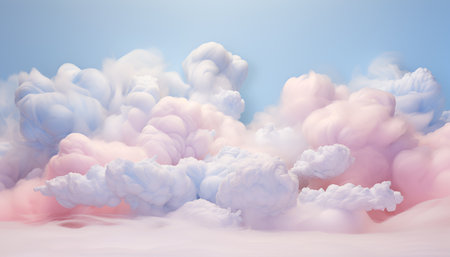 Panoramic view of colorful pink and blue pastel fluffy clouds and sky, cotton candy background, soft color sweet candyfloss, abstract blurred dessert texture. Sunshine, sunrise or sunset textureの素材