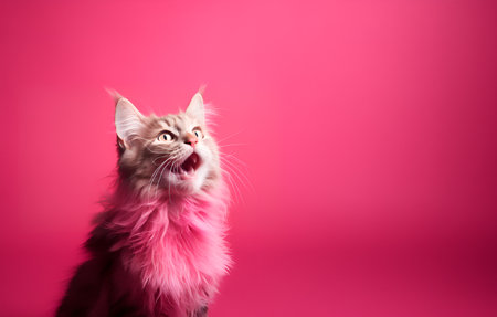 Portrait of millennial pink or purple cat meows, meowing, yawning, laughing on pink background. Pet wants to eat. High quality photoの素材