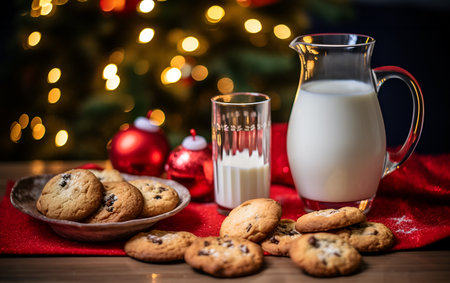 Close-up view of served glass of milk and freshly baked Christmas chocolate gingerbread cookies on wooden table for Santa Claus at home in front of new year fir tree lights. Waiting for Christmasの素材
