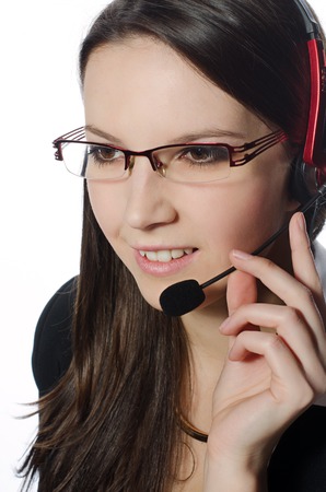 woman talking on the phone with headsetの写真素材
