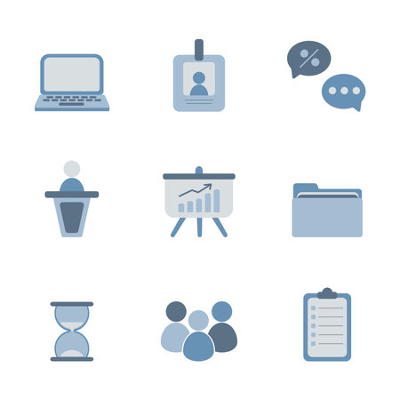 Vector illustration of blue-gray business icons. Set icons on a white background. Percentages, Stationery tablet, Hourglass, Silhouettes of people, Folder, Diagram, Orator speakingのイラスト素材