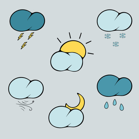 Graphic vector illustration of weather icons on a gray background. Clouds, lightning, sun, snow, rain, moon.のイラスト素材