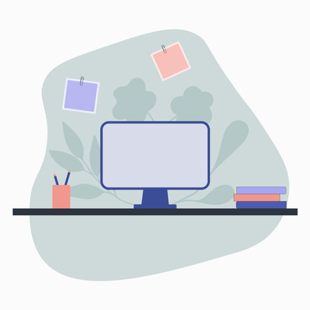 Vector graphic illustration of a desktop with a computer, books, stationery on a green background.のイラスト素材
