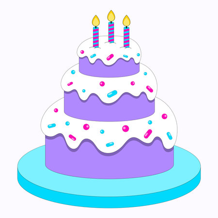 Birthday cake with three layers and candles on a plate.